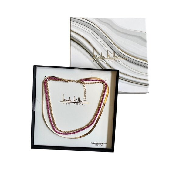 Nicole Miller Layered Necklace Triple Gold Tone Pink Snake Rope 3" Ext NEW - Picture 2 of 12